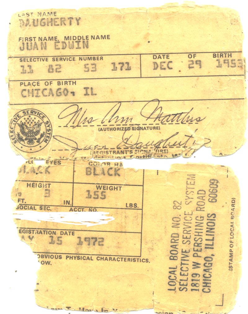 Torn remains of a Vietnam War draft card, dated 1972.